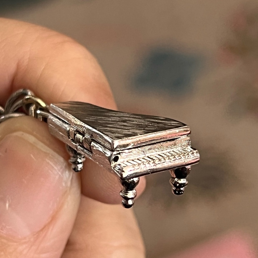 Monet Vintage Silver Charm Bracelet Mechanical Piano and Sterling Silver Charms - Picture 11 of 17